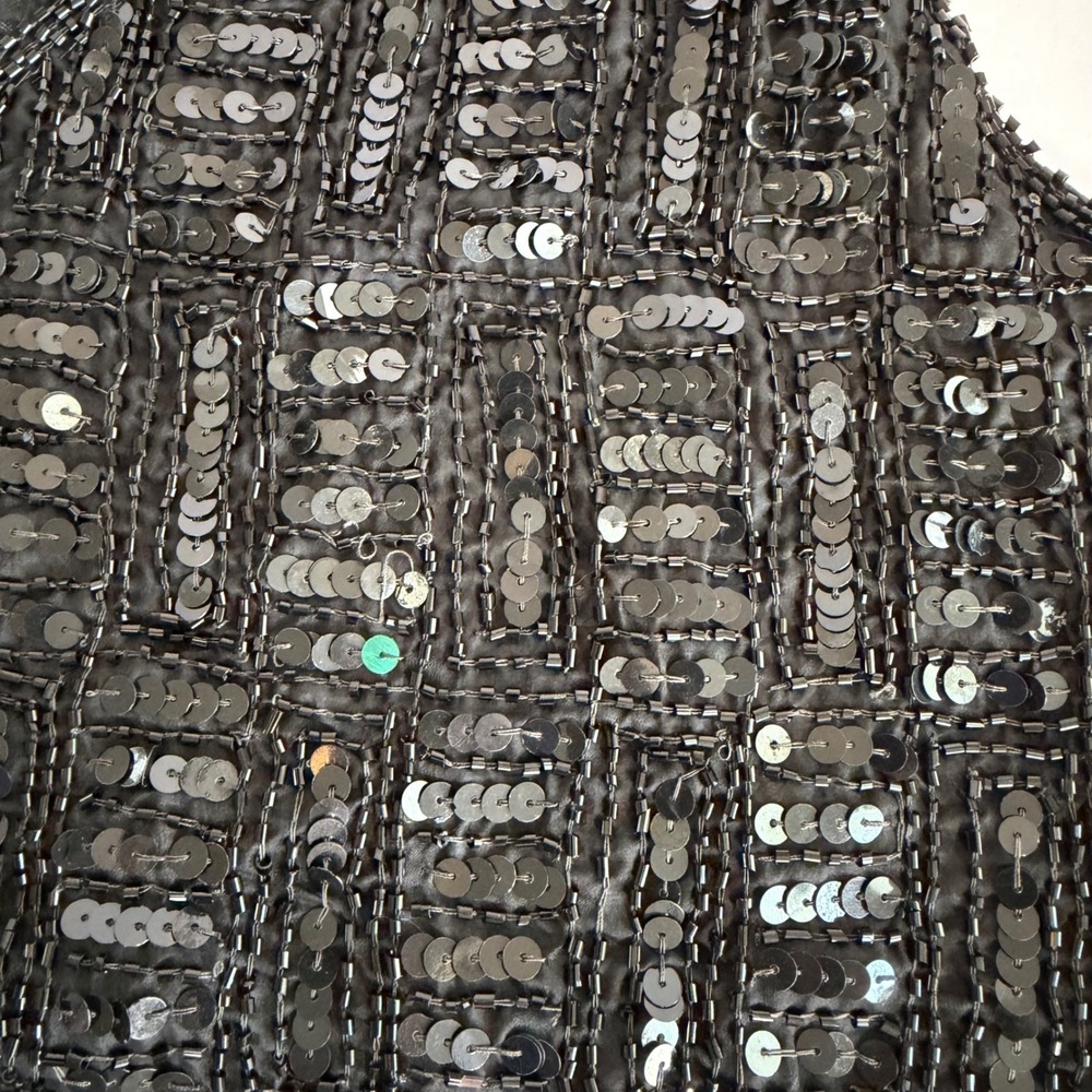 Vintage Silk Beaded Sequin Vest Black Medium Goth Party 90s Glam Witchy - Picture 4 of 6